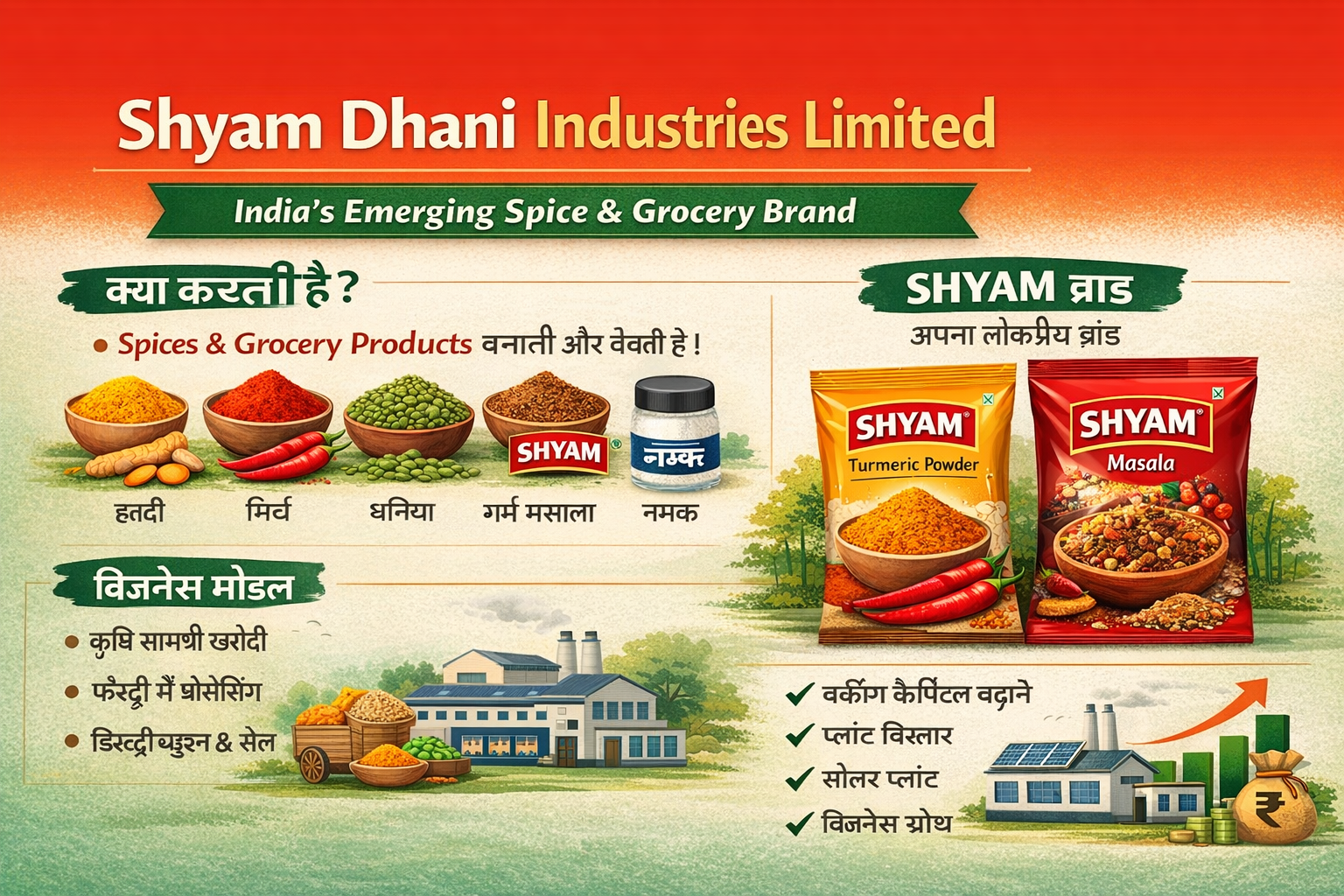 Shyam Dhani Industries IPO banner showcasing spice and grocery manufacturing business overview