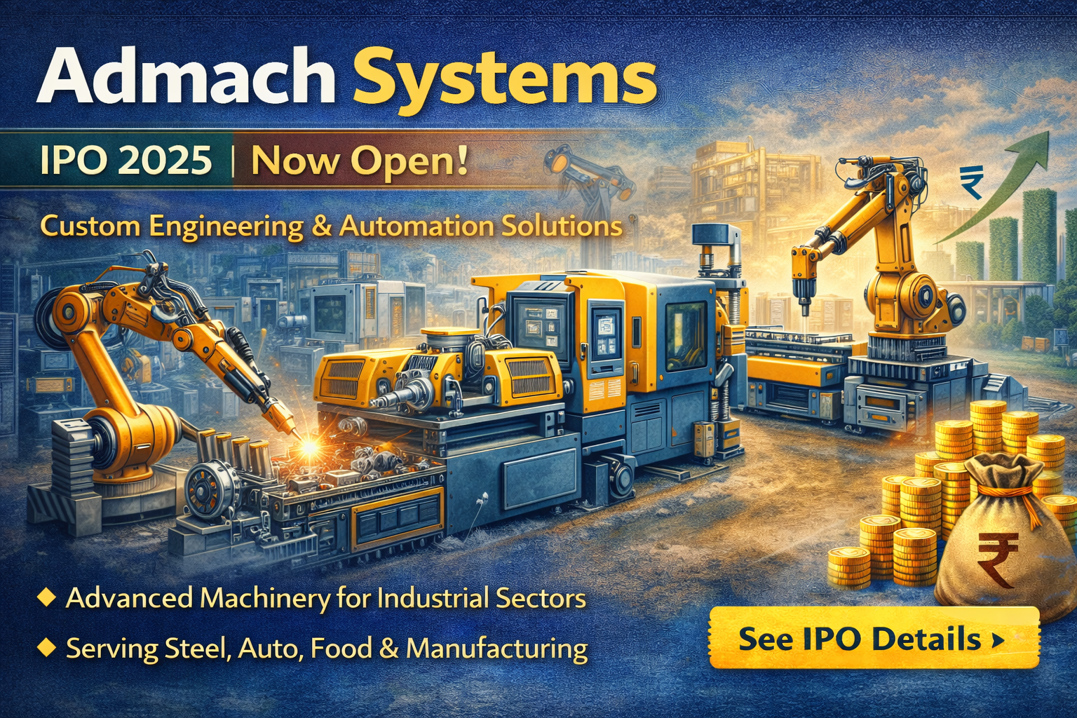Admach Systems IPO banner highlighting industrial machinery, automation systems and precision engineering solutions for manufacturing industries