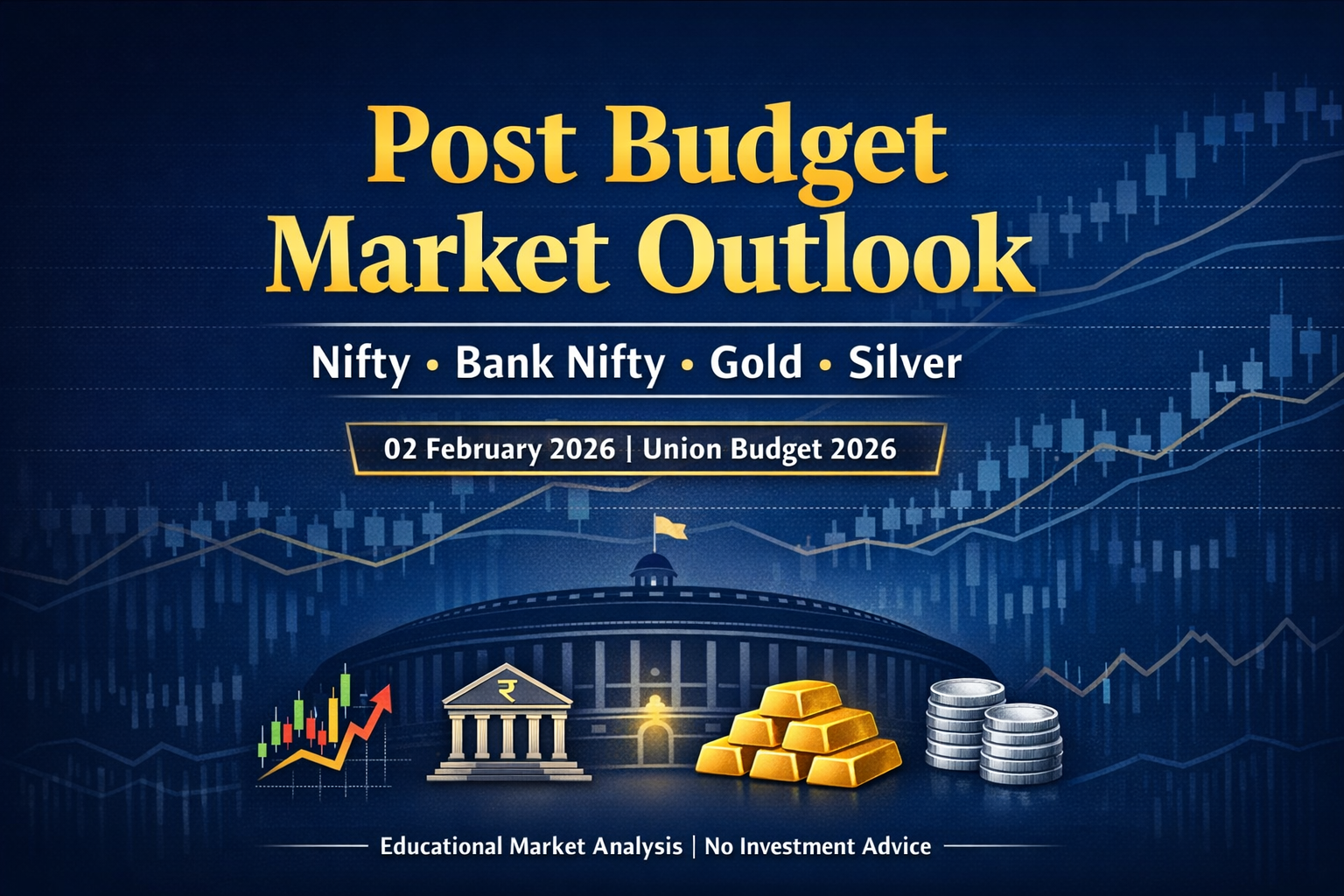 Post Budget Market Outlook 02 February 2026 showing Nifty, Bank Nifty, Gold and Silver analysis after Union Budget 2026