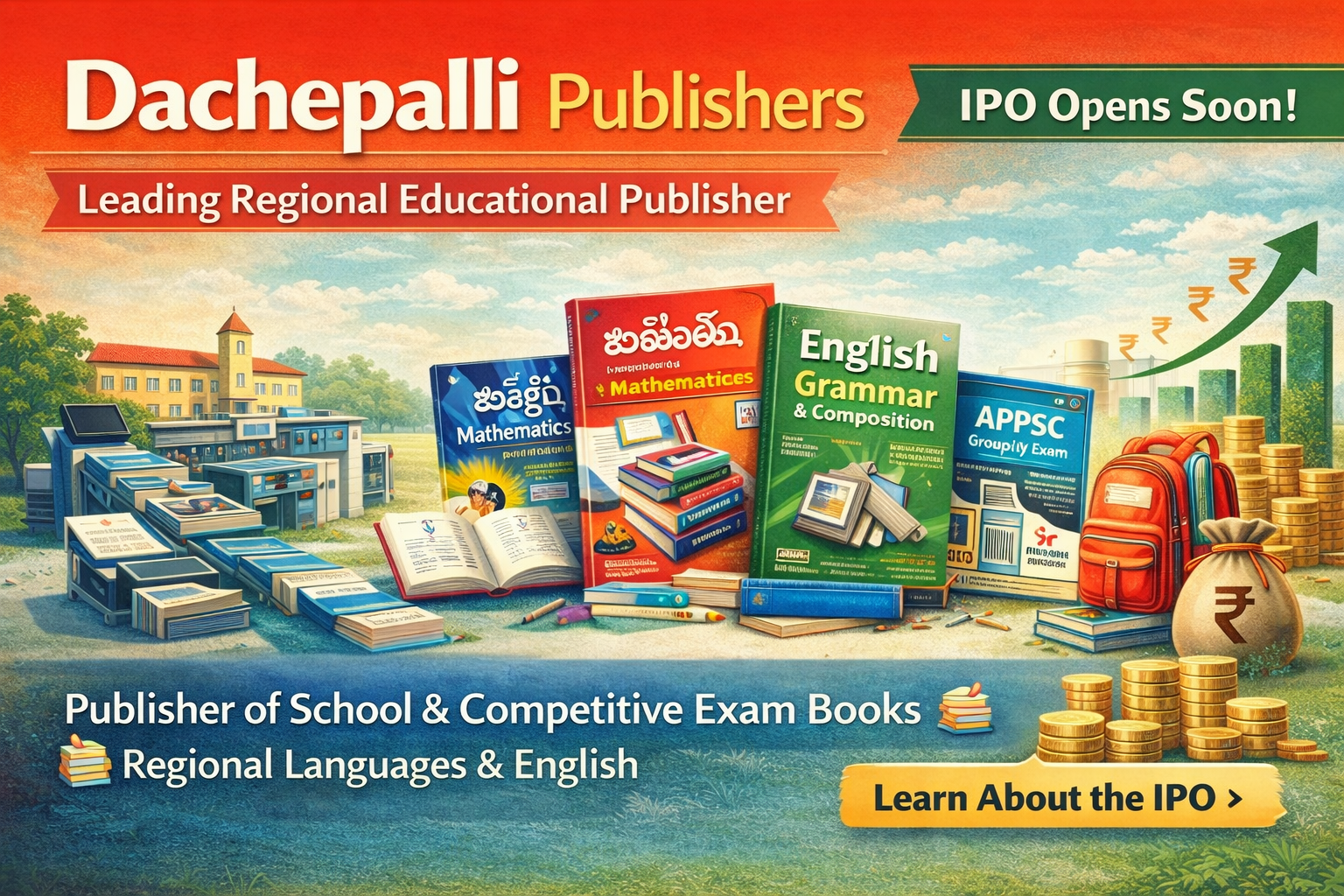 Dachepalli Publishers IPO banner showcasing educational books publishing and academic content business in India
