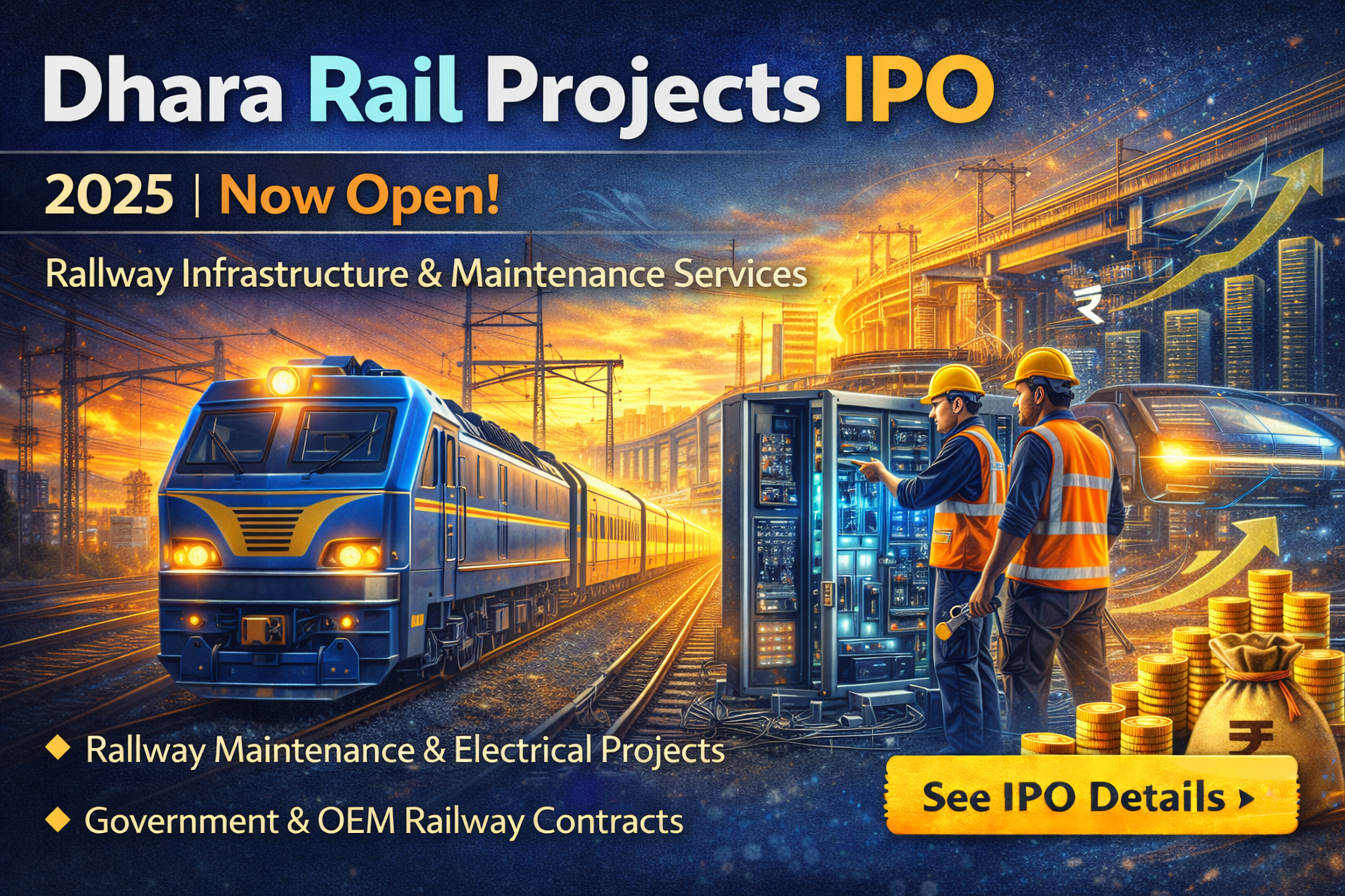 Dhara Rail Projects IPO banner highlighting railway maintenance, electrification, rolling stock systems and Indian Railways infrastructure projects